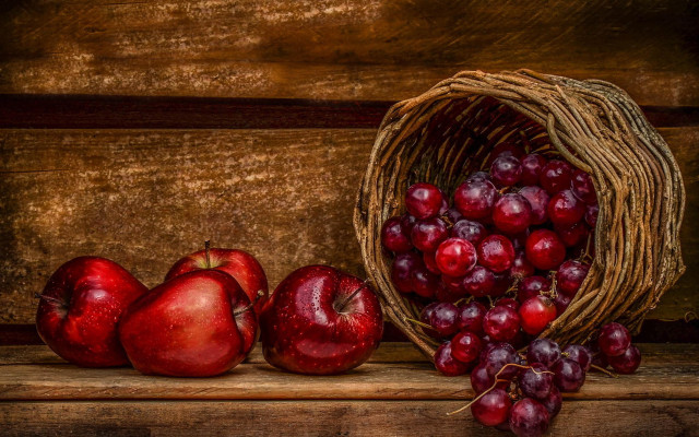 Basket cherries red apples wooden free wallpaper - medium preview image