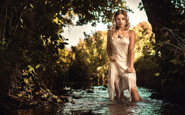 Woman white dress forest water free wallpaper - medium preview image