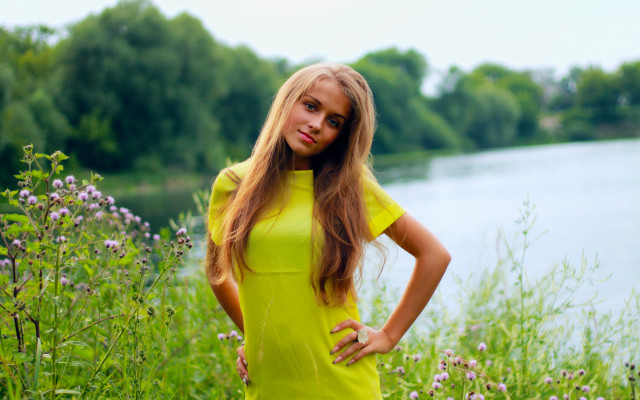Woman yellow dress flower field #2 free wallpaper - medium preview image