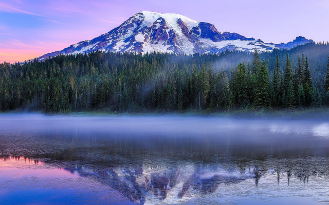 Mountain reflection sunset fog landscape free wallpaper - medium preview image
