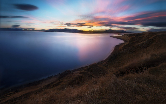 Sunset water hill clouds matte free wallpaper - medium preview image