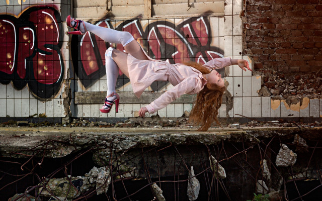 Woman skateboard trick graffiti surrealist free wallpaper - medium preview image