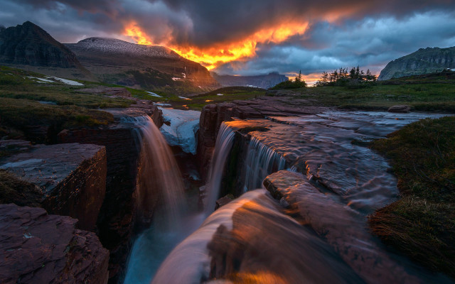 Waterfall sunset clouds mountains nightscape free wallpaper - medium preview image