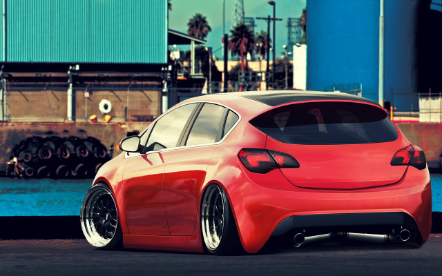 Red car dock blue building free wallpaper - medium preview image
