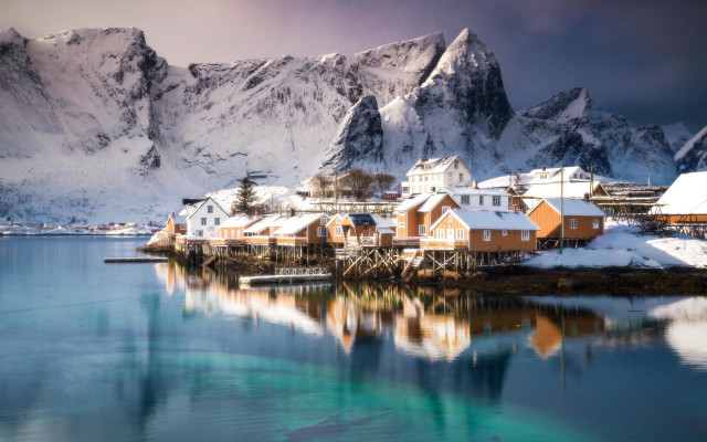 Snowy mountain village river shore free wallpaper - medium preview image