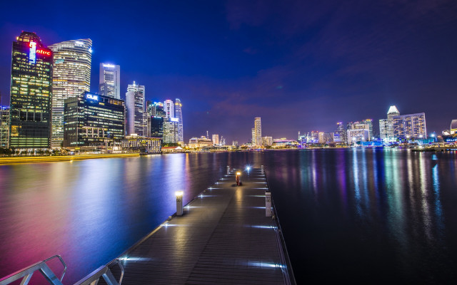 City skyline night dock reflections free wallpaper for desktop - medium preview image
