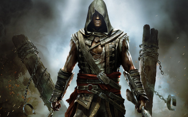 Hooded swordsman foggy background armor free wallpaper - medium preview image