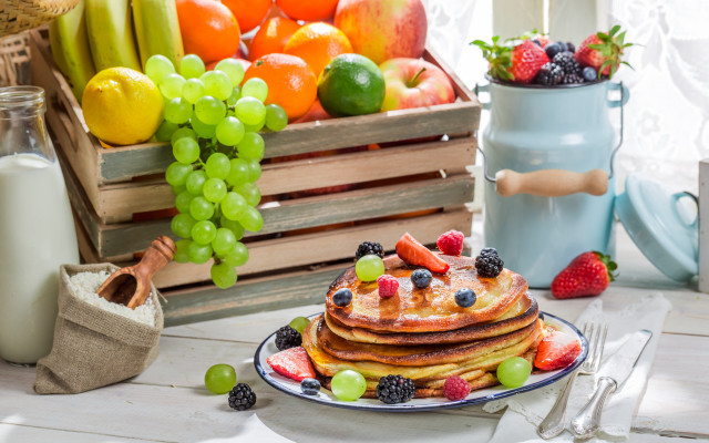 Pancakes fruit plate milk vegetables free wallpaper - medium preview image
