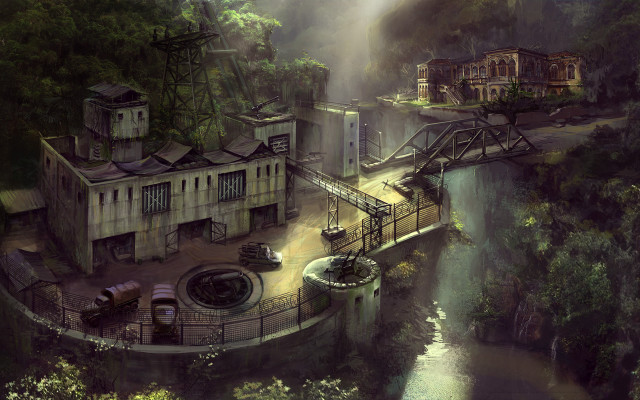 Forest bridge building river city free wallpaper - medium preview image
