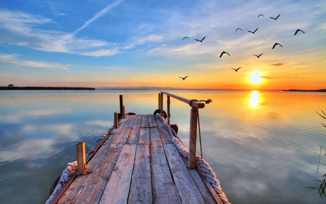 Dusk dawn lake dock birds free wallpaper - medium preview image