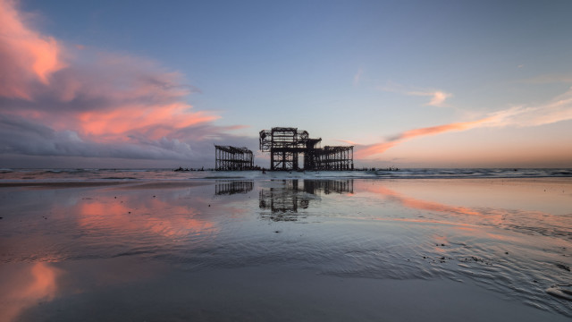 Pink sky beach pier reflection free wallpaper - medium preview image