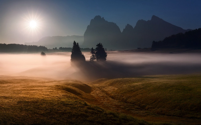 Foggy mountains trees sunlight lake free wallpaper - medium preview image