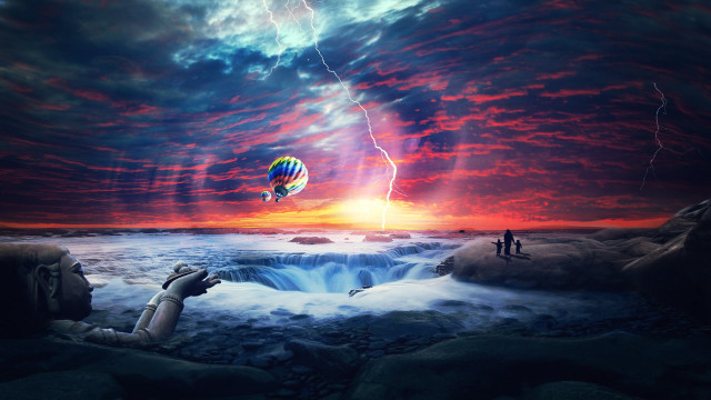 Fantasy man flying kite waterfall free wallpaper - medium preview image