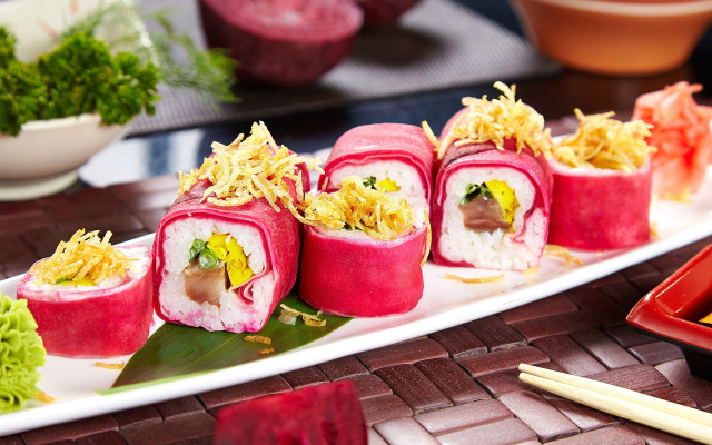 Sushi chopsticks food table blurry free wallpaper - medium preview image