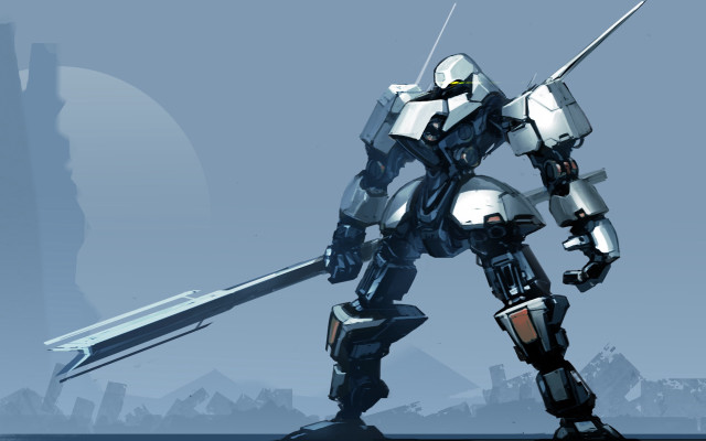 Robot sword mountain city blue free wallpaper - medium preview image