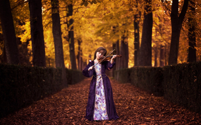 Woman purple dress violin forest free wallpaper - medium preview image