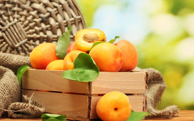 Wooden crate apricots basket leaves free wallpaper - medium preview image