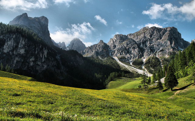 Grassy field mountain clouds trees free wallpaper - medium preview image