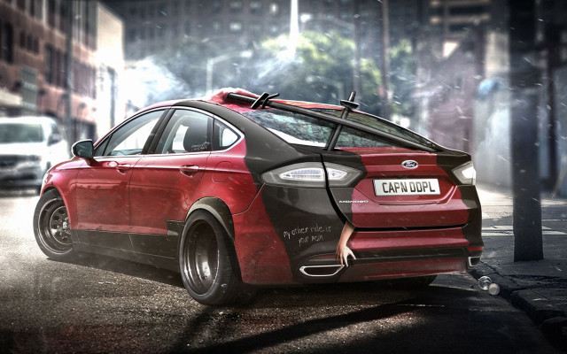 Red car surfboard city street free wallpaper - medium preview image