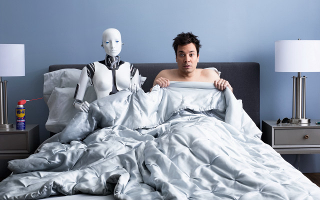 Man robothead bed white dress free wallpaper - medium preview image
