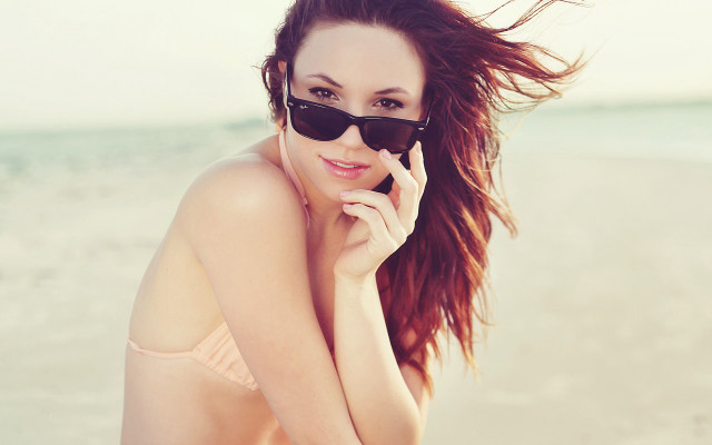 Beach bikini woman sunglasses cellphone free wallpaper - medium preview image