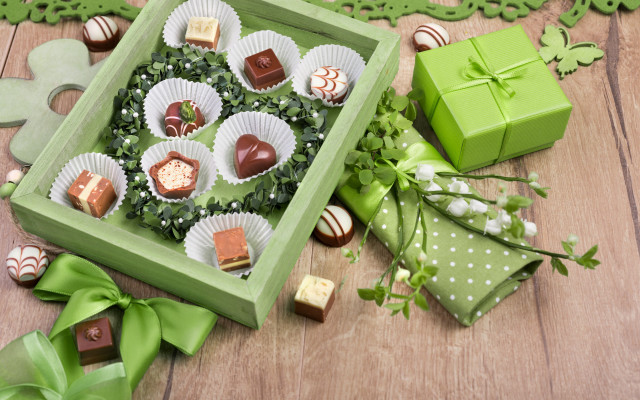 Green box chocolates wooden table free wallpaper - medium preview image