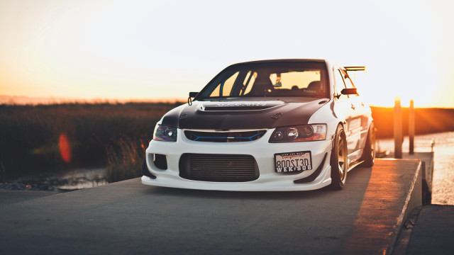 White car road water sunset free wallpaper - medium preview image