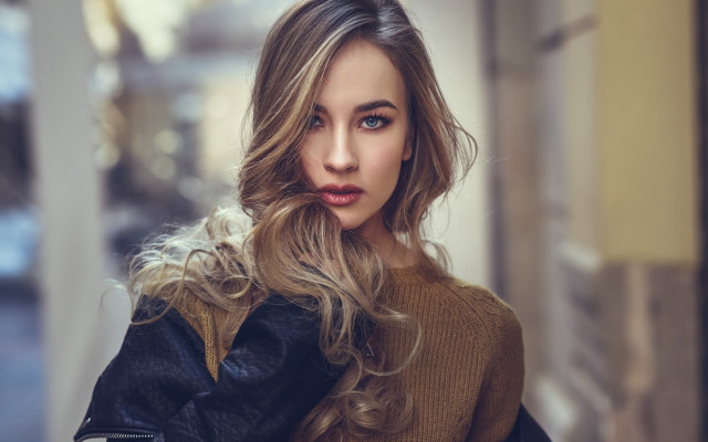 Blonde woman leather jacket hallway free wallpaper - medium preview image