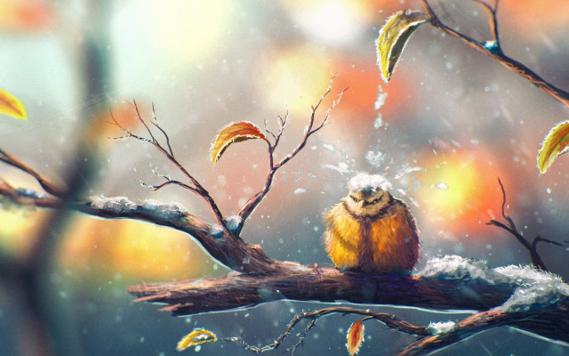 Bird rain leaves branch blurry free wallpaper - medium preview image