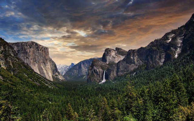 Mountain waterfall forest sunset cloudy free wallpaper - medium preview image