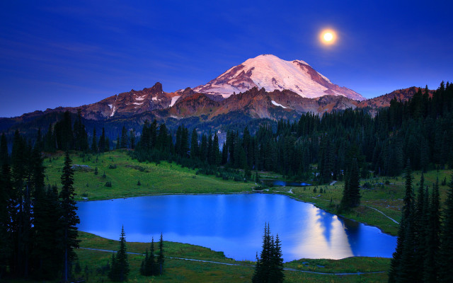 Mountain lake fullmoon blue sky free wallpaper - medium preview image