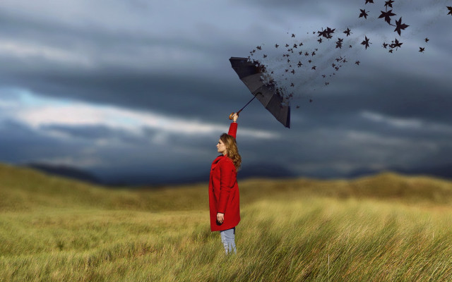 Woman red coat umbrella field free wallpaper - medium preview image