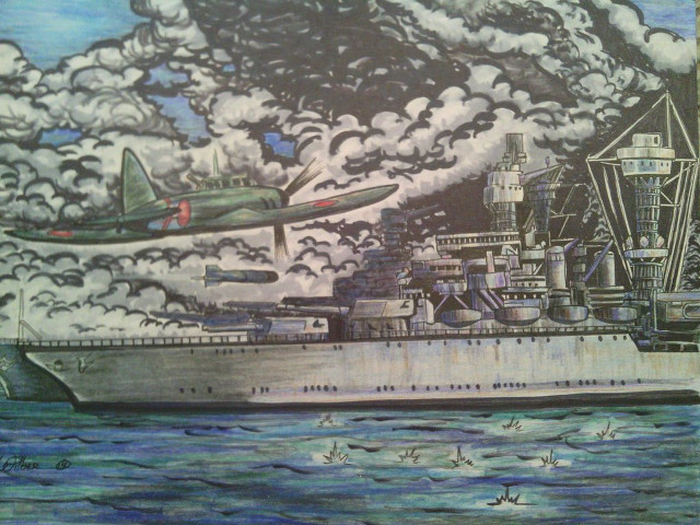 Battleship plane flying sky painting free wallpaper - medium preview image