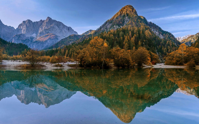 Mountain lake reflection forest sunset free wallpaper - medium preview image
