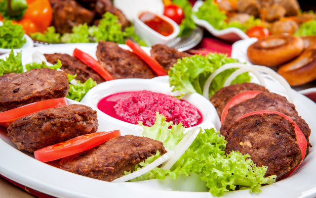 Plate meat vegetables sauces food free wallpaper - medium preview image