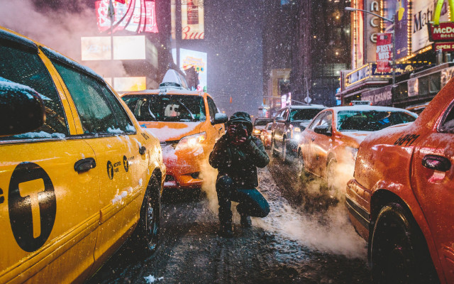 Snowy street cityscape fireworks moon free wallpaper - medium preview image