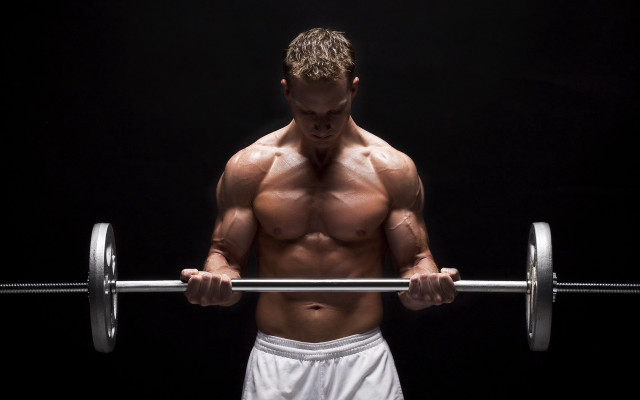 Muscular man barbell topless portrait free wallpaper - medium preview image