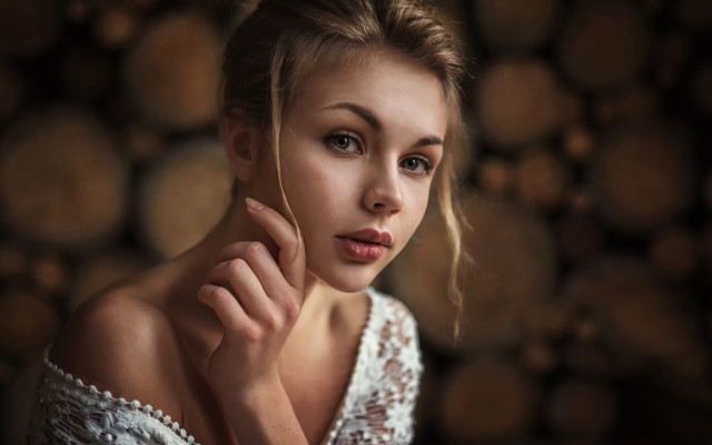 Woman white dress wood background free wallpaper - medium preview image
