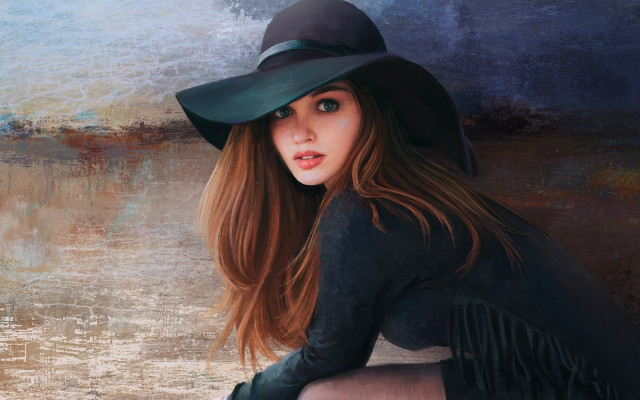 Woman hat black dress green free wallpaper - medium preview image