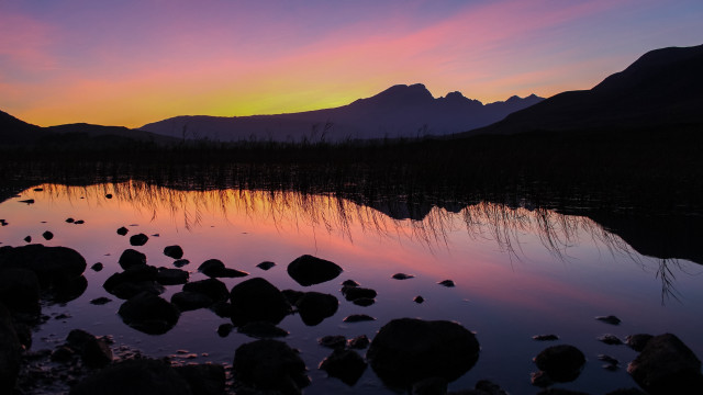 Lake rocks water sunset mountains free wallpaper - medium preview image