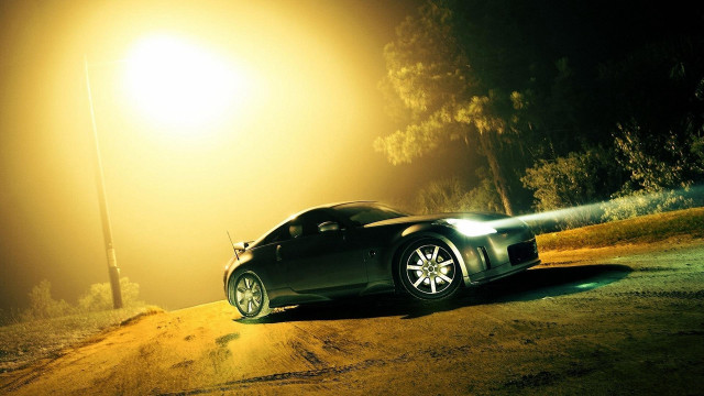 Car night lighting trees matte free wallpaper - medium preview image