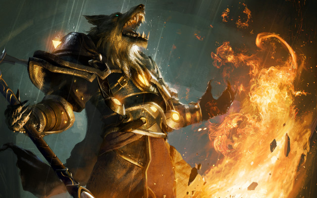 Armored man sword fireball battle free wallpaper - medium preview image