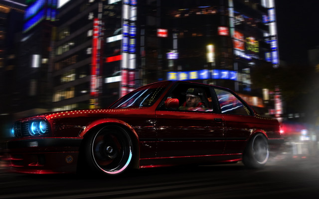 Red car city street night free wallpaper - medium preview image