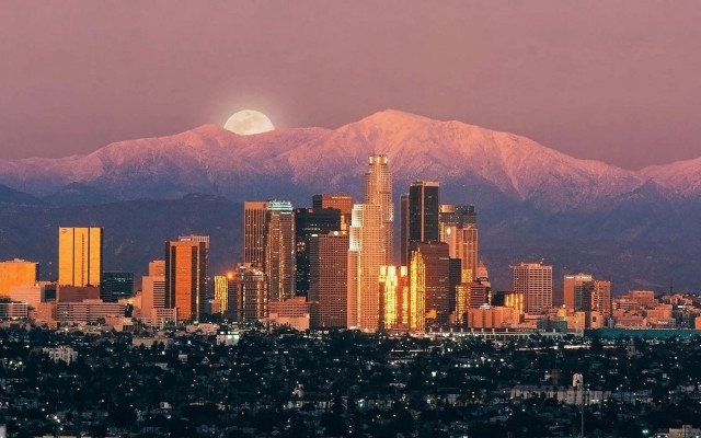 City mountains fullmoon pinksky purple free wallpaper - medium preview image