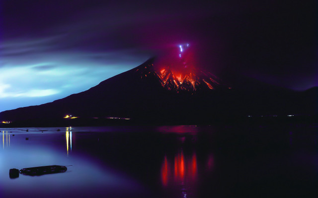 Volcano red light reflection water free wallpaper - medium preview image