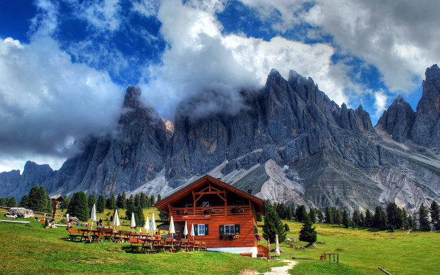 Mountain cabin picnic landscape blue free wallpaper - medium preview image