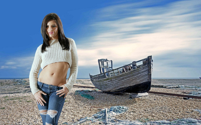 Woman beach boat sky city free wallpaper - medium preview image