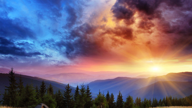 Sunset mountain range tent foreground free wallpaper - medium preview image