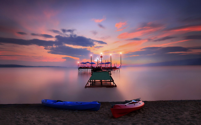 Boats beach pier sunset mystical free wallpaper - medium preview image