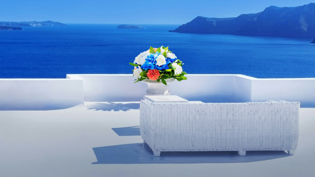 Vase flowers couch ocean mountains free wallpaper - medium preview image